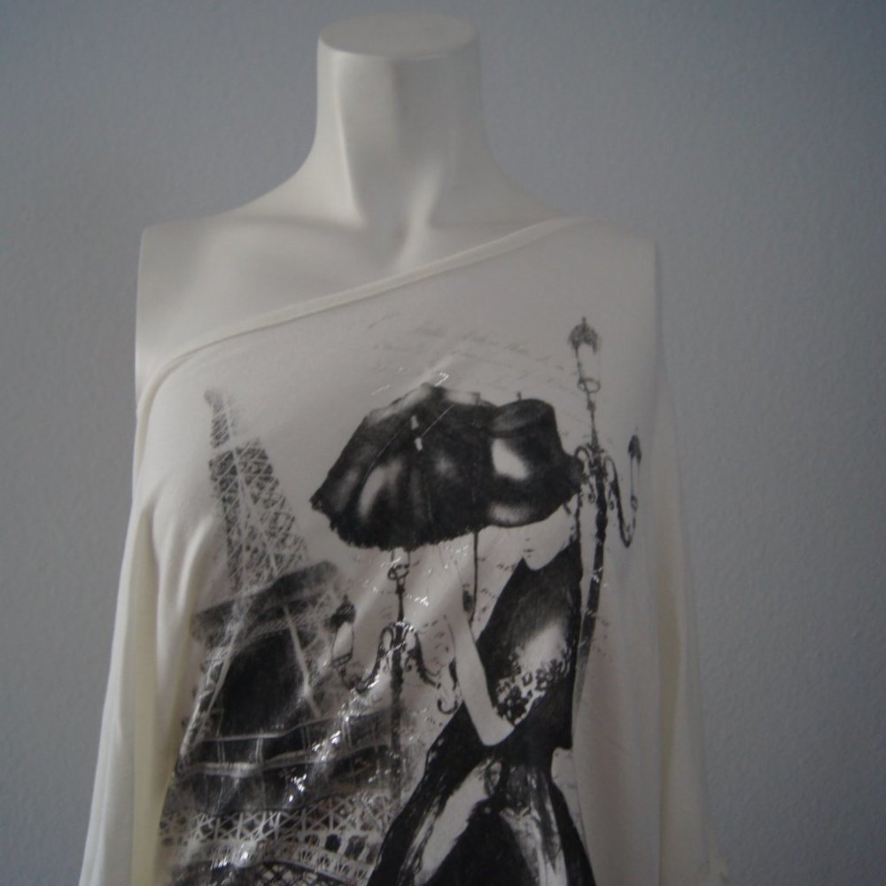 Shamu USA Women's One Shoulder My Heart Is In Paris Blouse Top L Made In USA - Picture 2 of 5